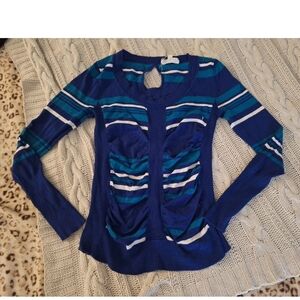 Blue and Teal Striped Women's Sweater Top Size Medium